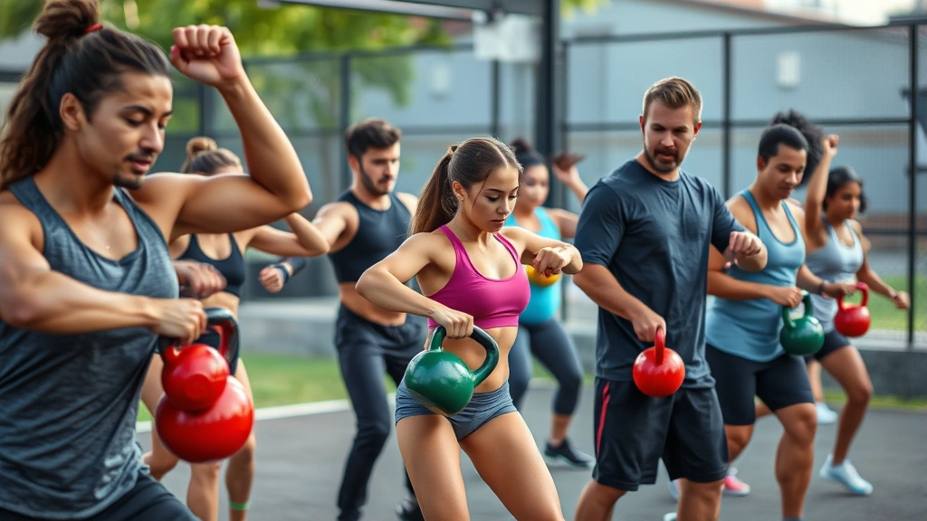 Group of diverse fitness enthusiasts doing kettlebell exercises in HIIT circuit, outdoor training space, energy and motivation evident, functional fitness movement, professional athletic photography