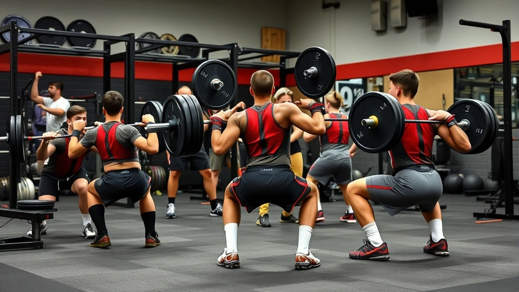 High school football players in weight room performing barbell back squats with proper form, spotter assisting, realistic gym setting with iron plates and squat racks, focused athletic training
