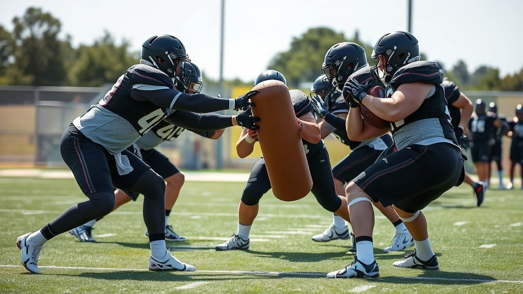 Defensive football players in stance performing gap control drills, tackling dummy engagement, proper pad level and body positioning, outdoor practice field with natural lighting