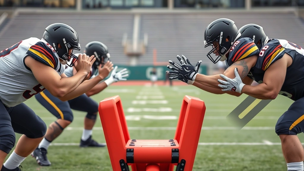 Football offensive linemen in three-point stance executing blocking technique against resistance sled, demonstrating proper hand placement and body angle, football practice field with stadium in background