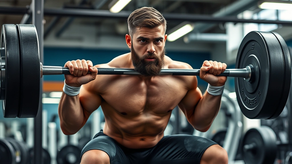 College football player performing heavy barbell squat in professional gym setting with proper form and intensity, muscular athlete mid-lift with concentrated expression