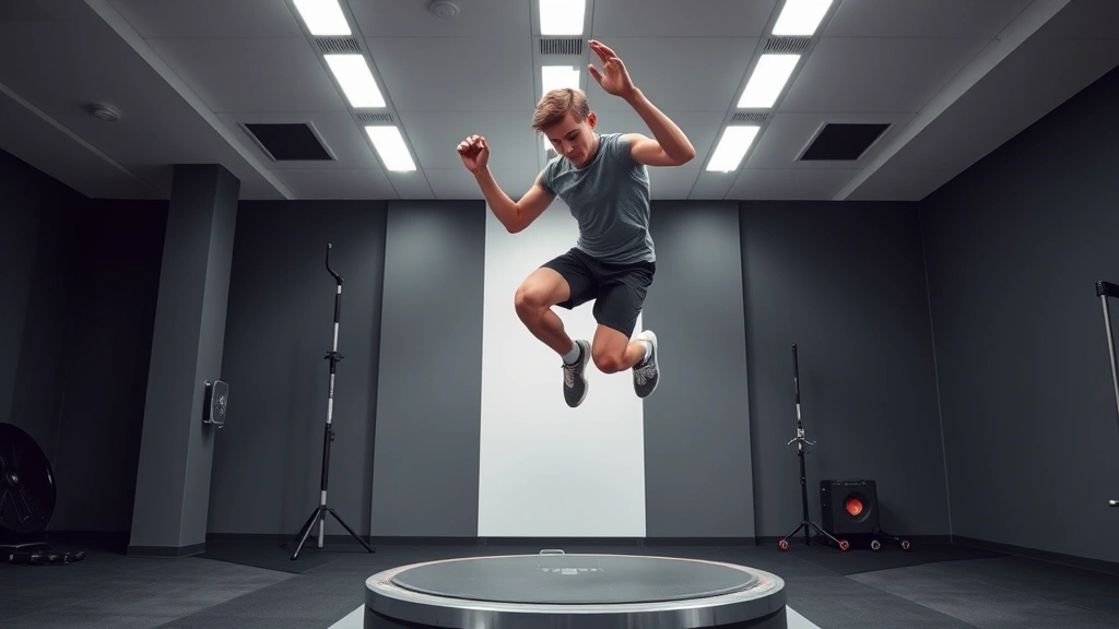 Young athlete executing explosive vertical jump test on force plate in modern sports science facility, demonstrating athletic power and dynamic movement quality