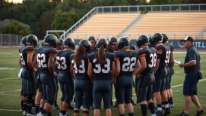 High school football team huddling together on field before game, players in dark uniforms looking focused and determined, coach standing nearby with clipboard, bright stadium lights visible, late afternoon natural lighting