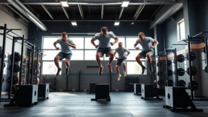 High school football players performing explosive box jumps in modern weight room with professional strength training equipment, dynamic athletic movement captured mid-jump, natural gym lighting
