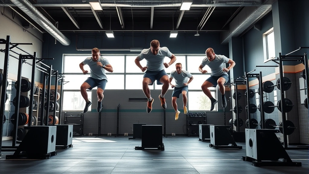 High school football players performing explosive box jumps in modern weight room with professional strength training equipment, dynamic athletic movement captured mid-jump, natural gym lighting