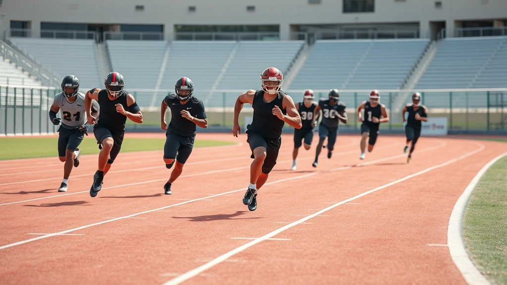Football athletes sprinting on professional outdoor track during speed development session, multiple players showing explosive acceleration and proper running mechanics, bright daylight athletic facility