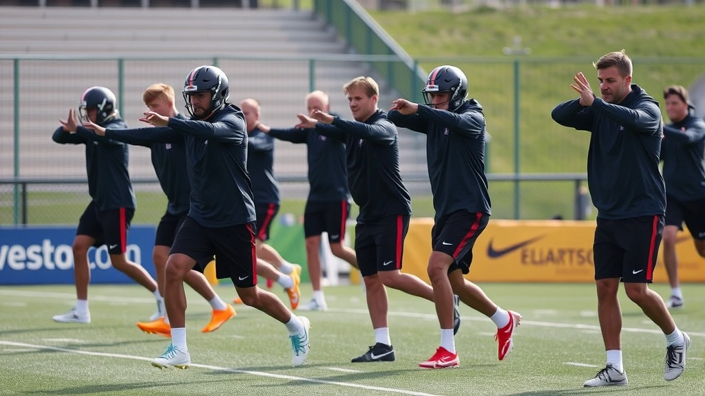 Team of football players performing dynamic stretching and mobility work on field before practice, showing flexibility and movement preparation exercises, professional athletic environment