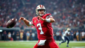 Professional football quarterback in red uniform executing a precise passing motion during intense game action, stadium lights illuminating dynamic athletic movement