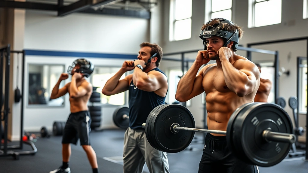 College football players performing explosive strength training exercises with barbells and weights in a modern athletic facility, demonstrating power development