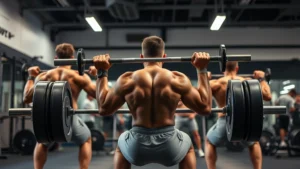 College football players performing heavy barbell back squats in a weight room with intense focus, muscles engaged, professional lighting, clean modern gym setting