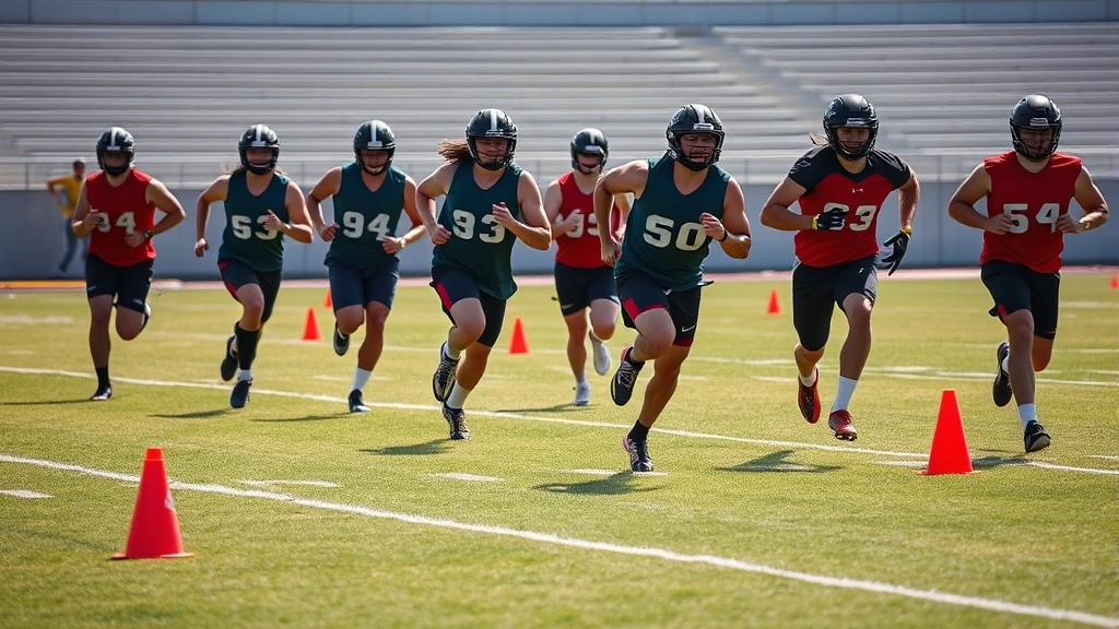 Football athletes running high-intensity interval sprints on a field with cones, explosive movement captured mid-stride, grass field, bright daylight, competitive energy visible