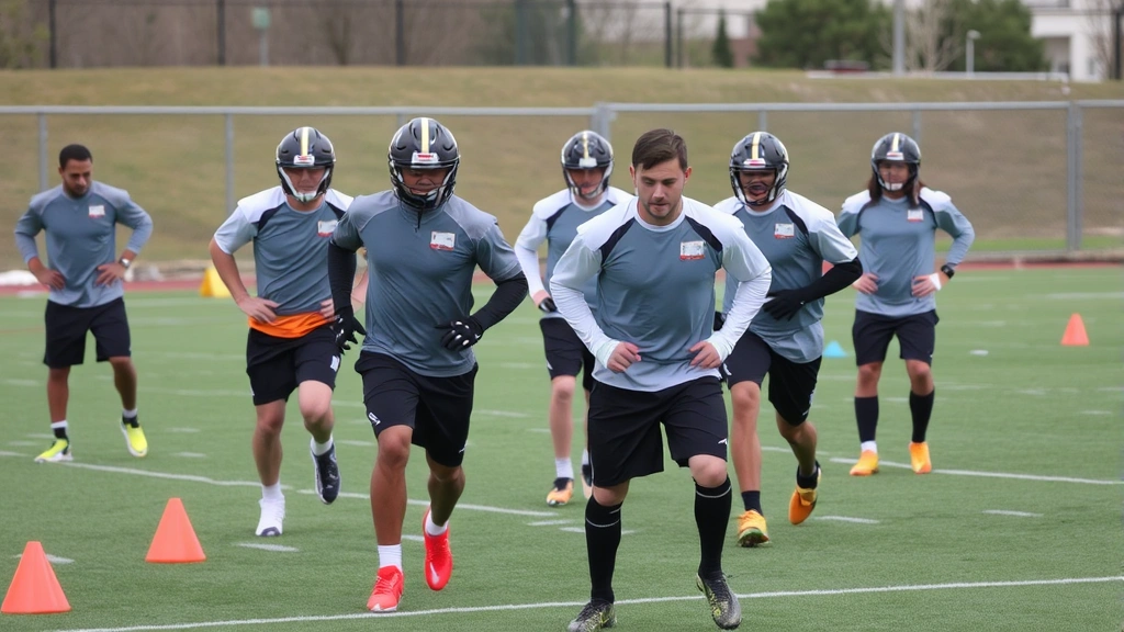 Team of football players in conditioning drills demonstrating agility ladder work and cone drills, dynamic movement, outdoor practice field, professional athletic setting