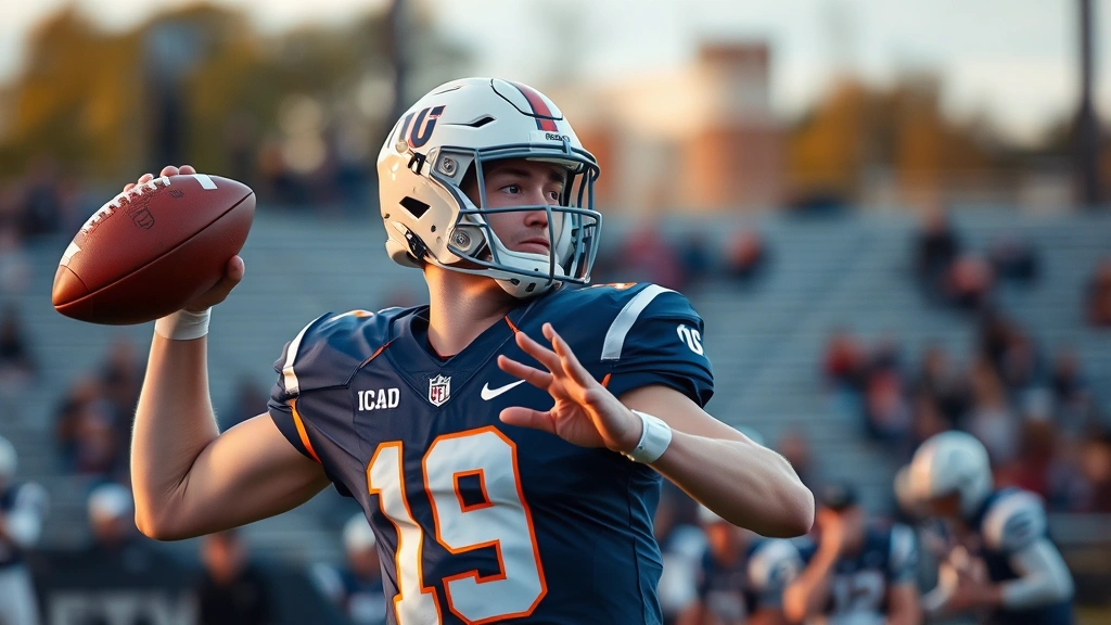 College football quarterback throwing during practice, focused facial expression, autumn evening lighting, athletic stadium background, professional sports photography style