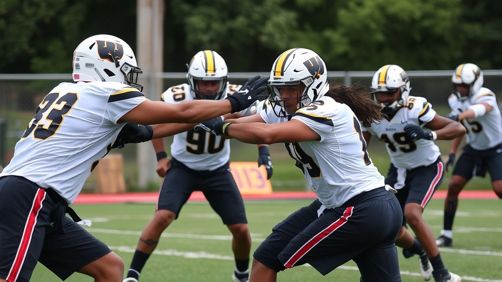 Defensive players executing gap assignments during team drill, intense concentration, proper pad level contact, multiple players engaged, dynamic motion capture