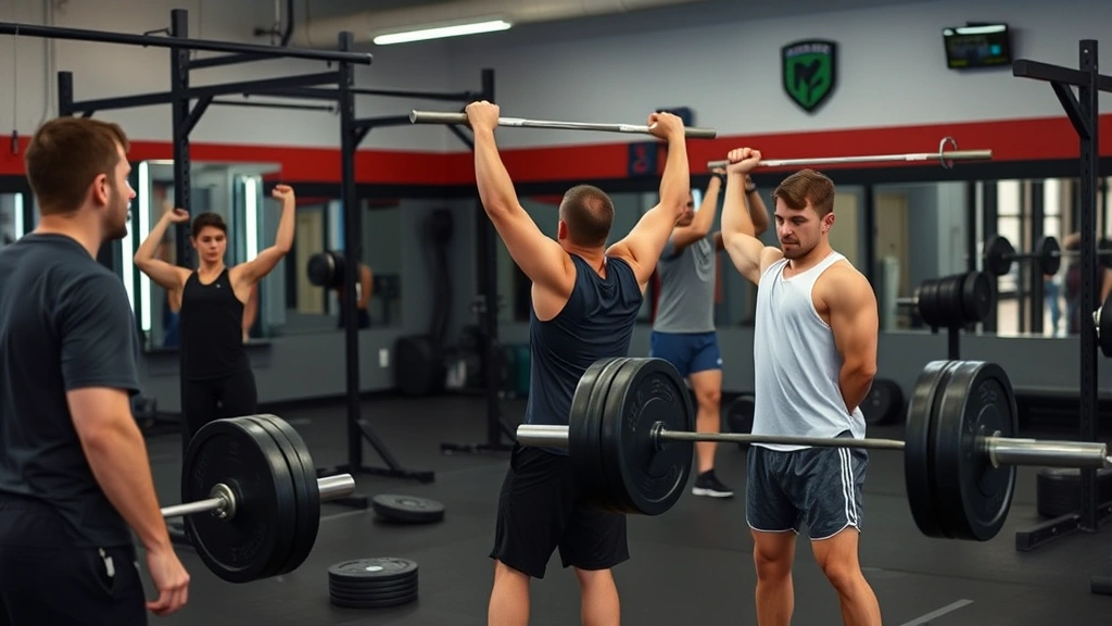 Strength training room with athletes performing compound lifts under coaching supervision, barbells and weight plates, professional athletic facility, proper form demonstration