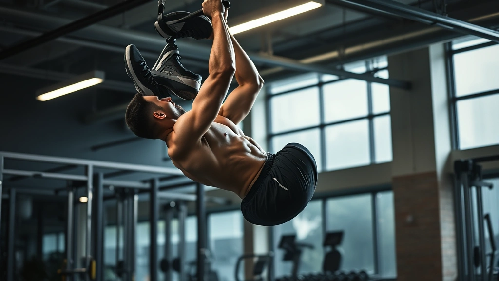 Athletic male athlete performing hanging leg raises in modern gym with dramatic lighting, showing full core engagement and proper form