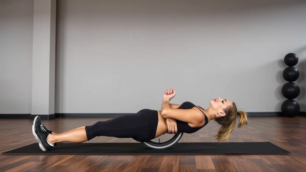 Fit woman performing ab wheel rollout exercise on gym floor with perfect body alignment and controlled movement, demonstrating core strength