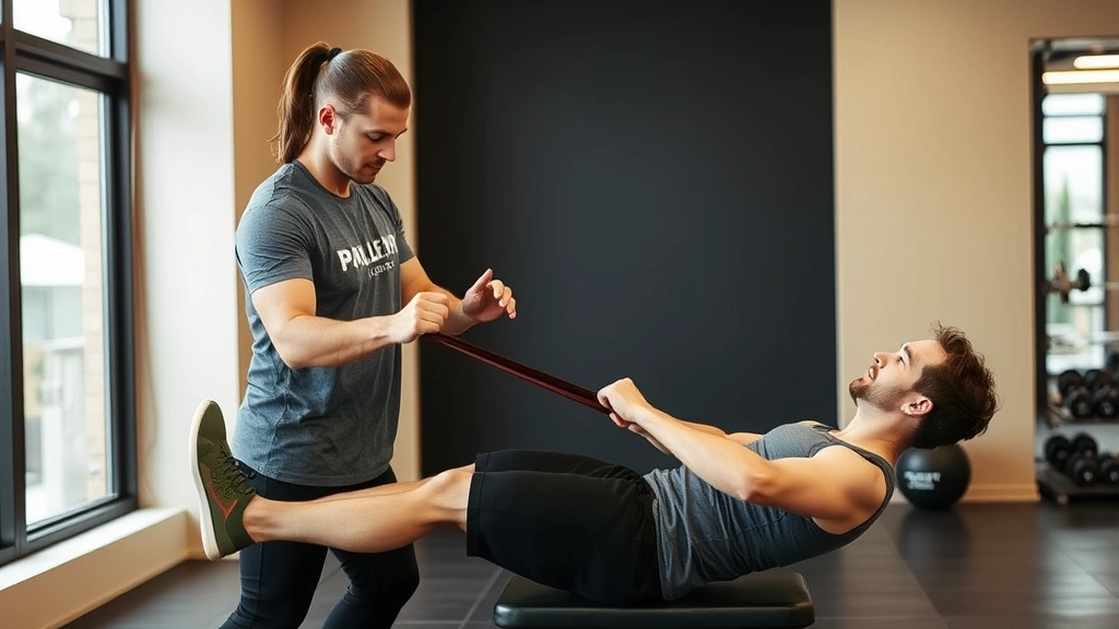 Professional trainer instructing client on Pallof press resistance band exercise, showing anti-rotation core work with proper posture and form
