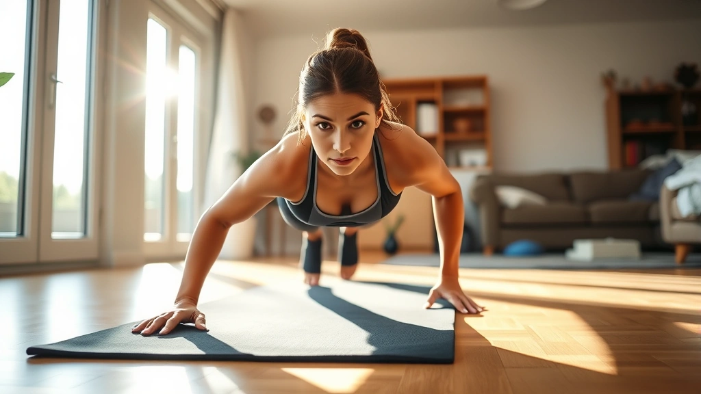 Athletic woman performing a perfect push-up with proper form on a yoga mat in a bright home living room, full body visible, morning sunlight streaming through windows, determined focused expression, residential setting with minimal background clutter