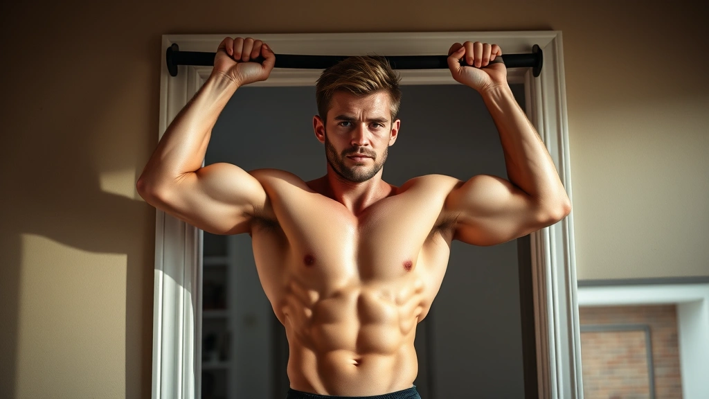 Fit male athlete doing pull-ups on a doorway pull-up bar in a home gym setup, muscles engaged, showing proper form and control, natural lighting, residential background, athletic physique, concentrated expression demonstrating strength