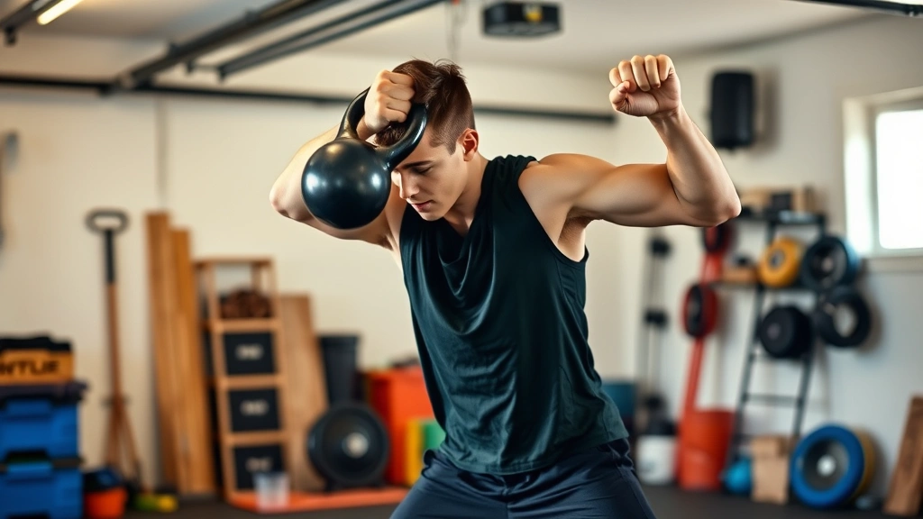 Young athlete performing a kettlebell swing in a home garage gym space, explosive power movement captured mid-swing, strong athletic form, focused intensity, practical home training environment with basic equipment visible, dynamic movement