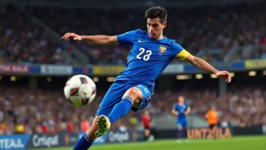 Professional footballer in Ecuador national team blue jersey executing precise passing technique during international match, dynamic action shot with stadium background, photorealistic sports photography