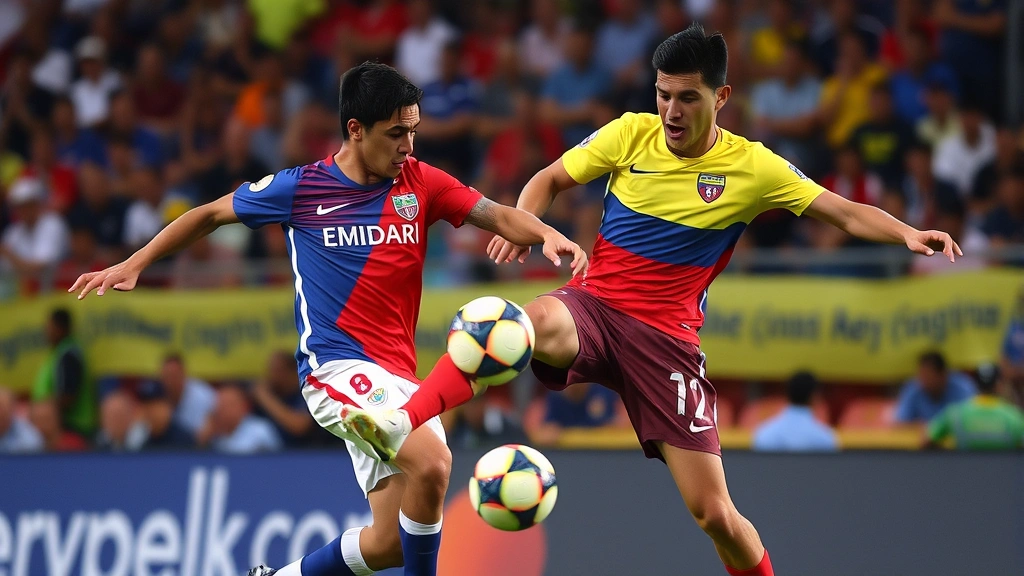 Two competitive football players from Chile and Ecuador battling for midfield possession, intense physical contest captured mid-action, professional sports photography with crowd atmosphere