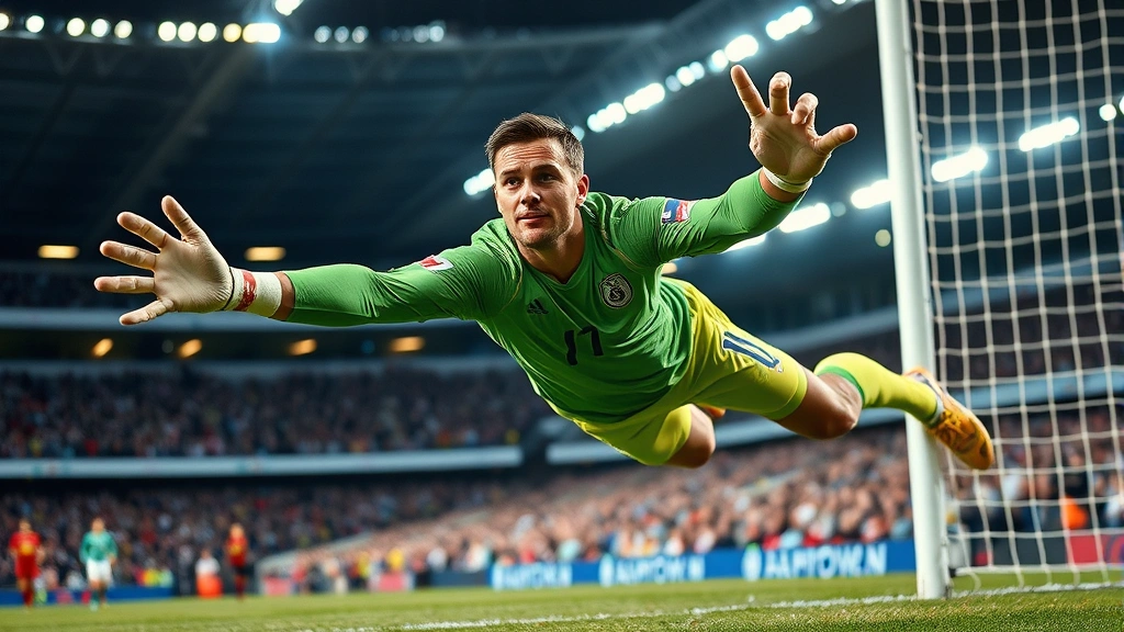 Elite goalkeeper making athletic save during international fixture, stretching horizontally across goal line with focused expression, dynamic sports action photography without text or labels