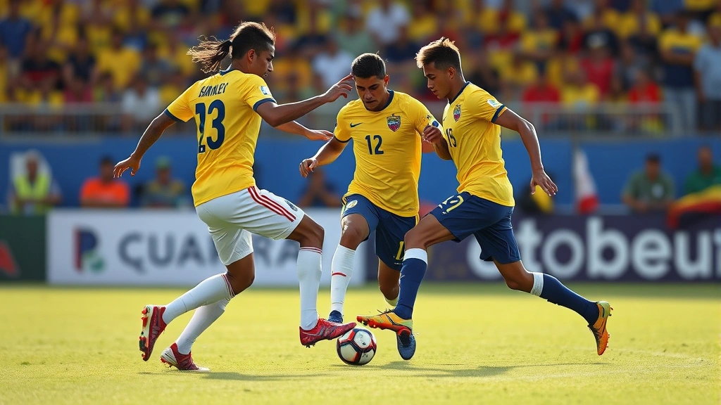 Ecuador national football team players in yellow jerseys maintaining possession during attacking sequence, technical skill and coordinated movement patterns demonstrated