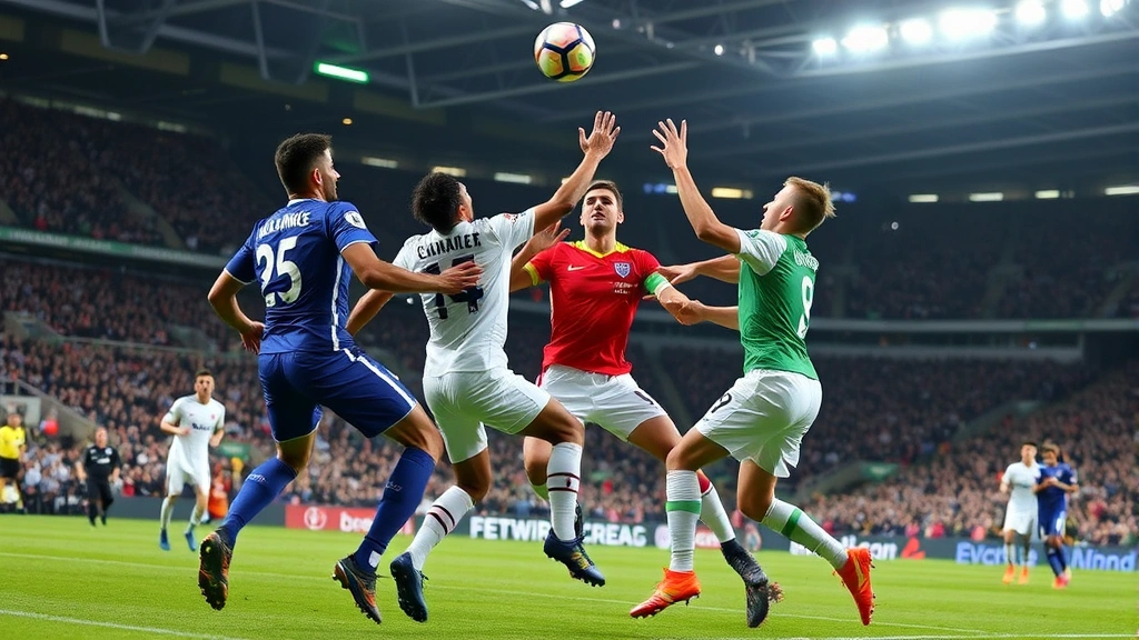 International football match action showing both teams competing for aerial ball, physical intensity and professional athleticism displayed in dynamic stadium environment