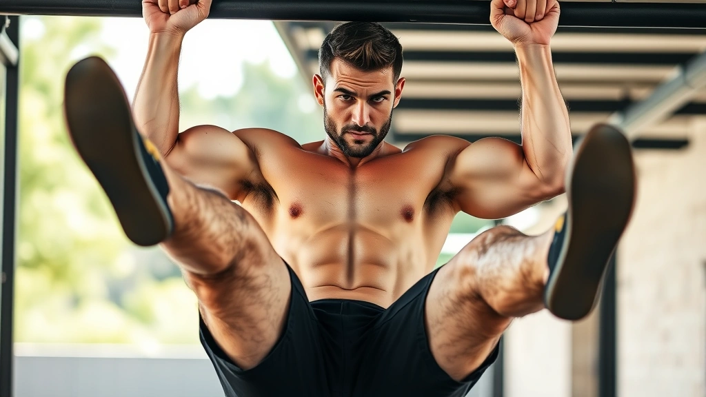 Athletic male performing hanging leg raises on pull-up bar, defined abdominal muscles visible, outdoor fitness setting with natural lighting, concentrated facial expression, full body view showing core engagement
