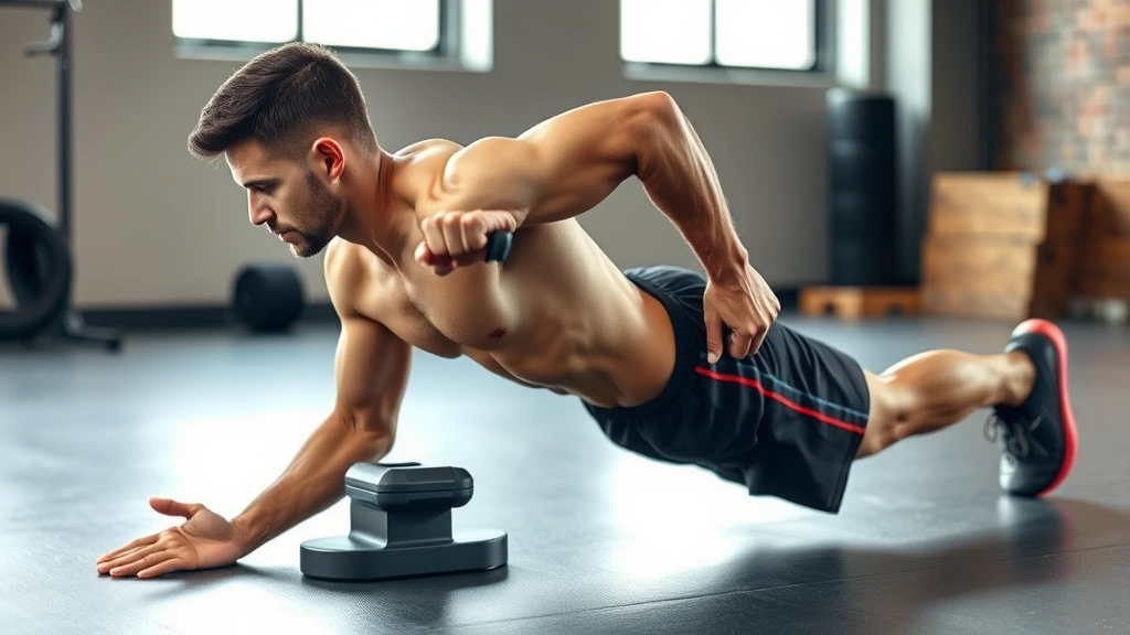 Fitness enthusiast executing ab wheel rollout exercise on gym floor, strong core contraction visible, hands gripping ab wheel, body extended in plank position, side angle view showing abdominal muscle definition
