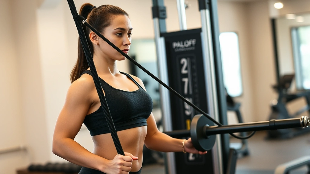Woman performing Pallof press with cable machine at chest height, resisting rotational force with engaged core, standing perpendicular to cable apparatus, athletic build, focused expression, indoor gym environment