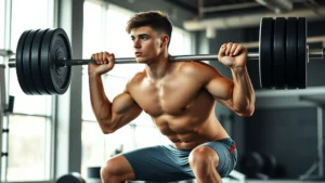 Athletic male high school football player performing barbell back squat with perfect form in modern gym, sunlight streaming through windows, focused expression, muscular definition visible, professional photography