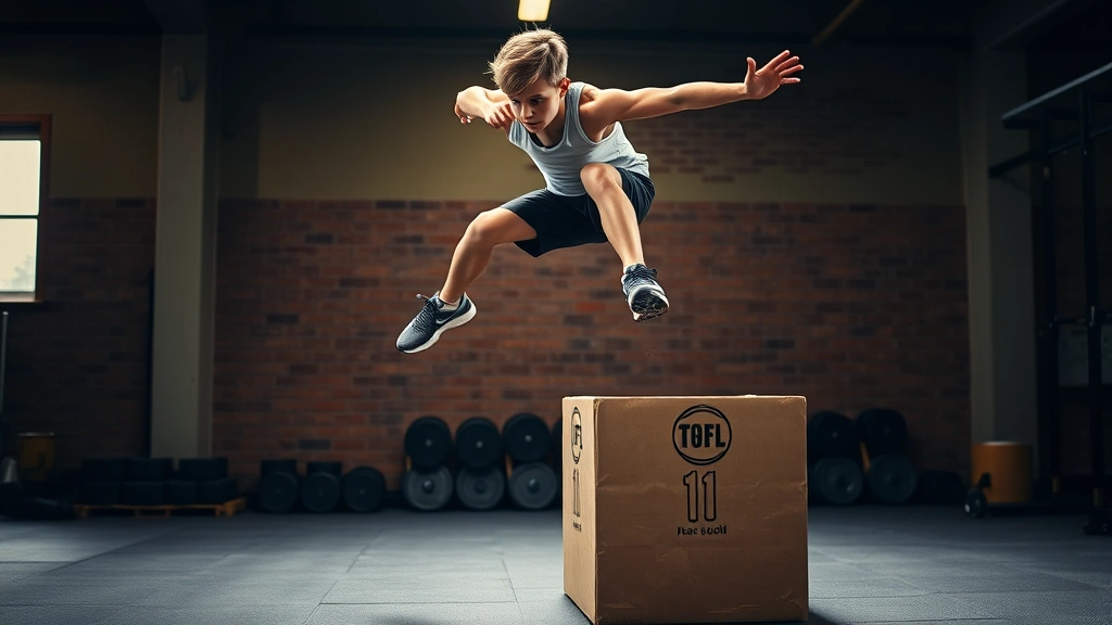 Young athlete executing explosive box jump with maximum height, dynamic motion captured mid-air, athletic shoes pushing off platform, gym environment with weights visible in background, motivational intensity