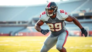 Professional African American football player in training gear performing explosive lateral movement drill on grass field, intense focused expression, athletic stadium blurred in background, morning sunlight highlighting muscular definition and determination
