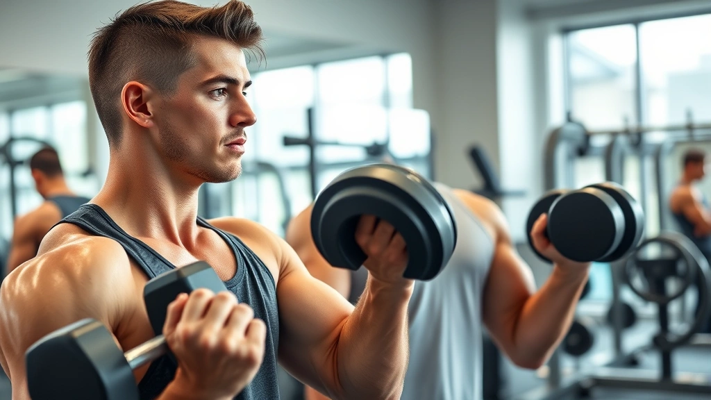 Young athletic male performing high-intensity strength training with dumbbells in modern university weight room, sweat visible, determined facial expression, state-of-the-art equipment and mirrors surrounding, early morning training session demonstrating athletic dedication and commitment