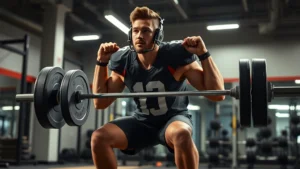 College football player performing explosive barbell squat in modern weight room with dramatic lighting, showcasing athletic power and strength training intensity
