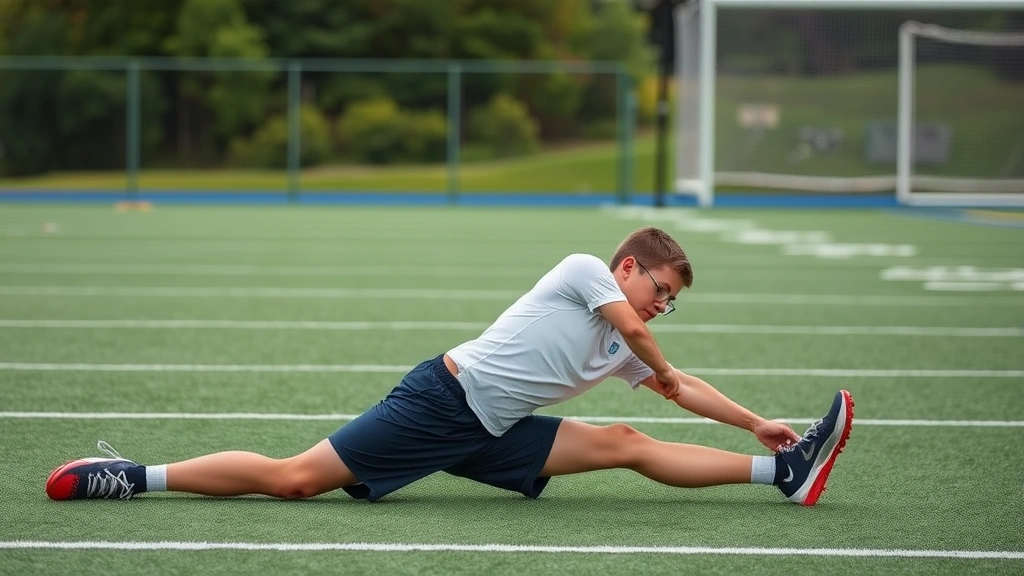 Young athlete doing dynamic stretching and mobility work on training field, demonstrating recovery and injury prevention focus with proper form