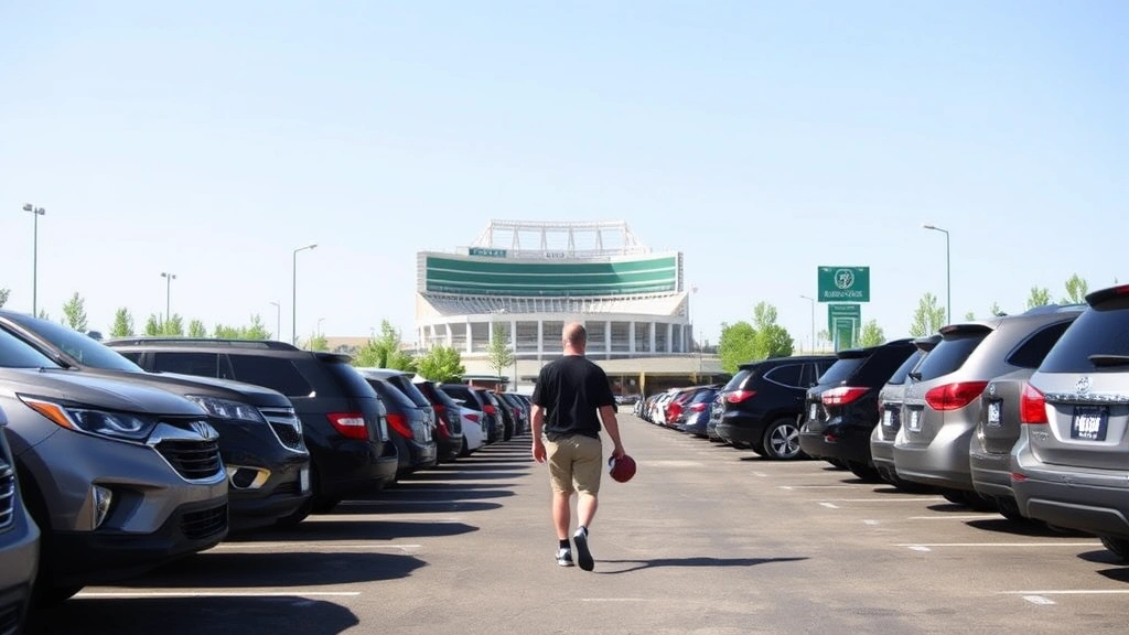 Athletic fan in comfortable shoes walking through organized parking lot with stadium visible in distance, sunny game day, multiple vehicles parked in neat rows, confident stride