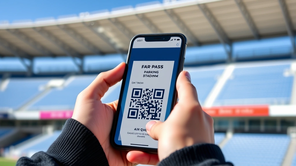 Close-up of hands holding digital parking pass on smartphone screen with QR code visible, outdoor stadium setting background, clear blue sky, verification security features prominent