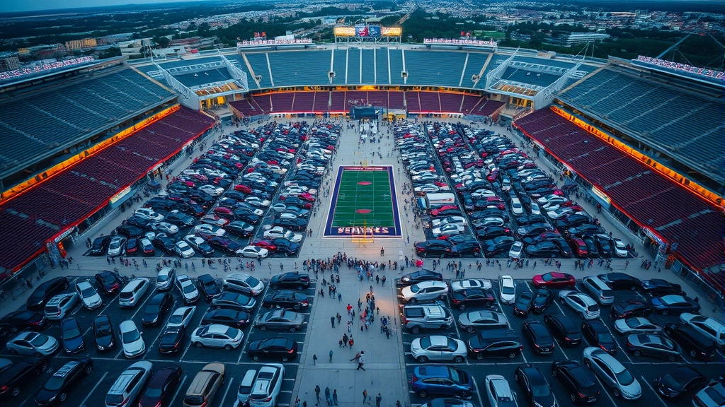 Wide aerial view of full parking lot with thousands of vehicles organized in sections, stadium entrance gate visible, crowd of fans walking, evening game-day lighting