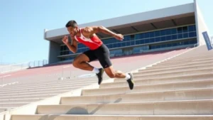 Athlete performing explosive sprint up concrete stadium stairs with powerful leg drive and focused intensity, daylight stadium setting, no text or equipment labels visible