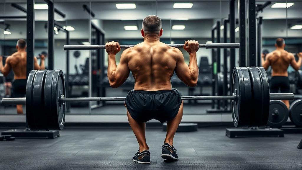 Athletic man performing perfect barbell squat form with neutral spine, knees tracking over toes, in professional gym setting with mirrors and weight plates visible