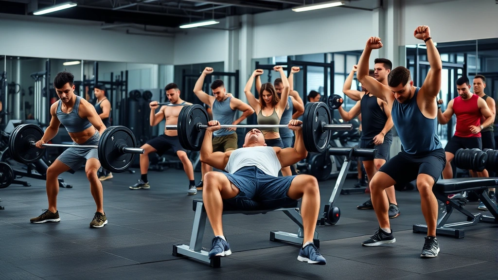 Diverse group of gym-goers performing various exercises with proper form: deadlifts, bench press, and overhead press with controlled movements and engaged muscles