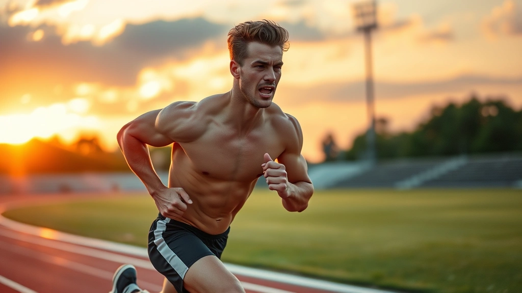 Athletic male sprinting at maximum effort on outdoor track during sunset with muscular definition and intense facial expression showing maximum exertion