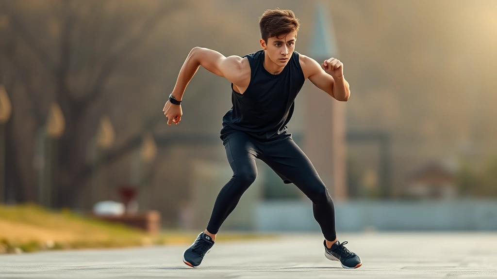 Young athlete performing high-intensity interval training on flat terrain with blurred background showing explosive power and dynamic movement in athletic wear