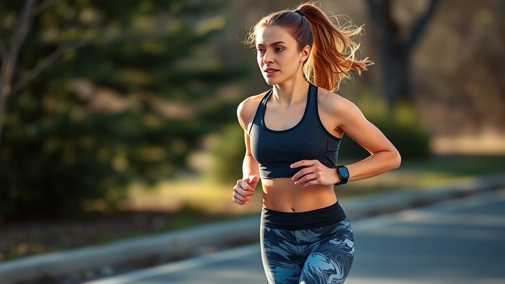 Fit female runner completing intense cardio workout outdoors showing sweat, determination, and cardiovascular exertion with natural lighting and dynamic pose