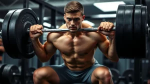 Athletic male college football player performing heavy barbell squat with intense focus, muscles engaged, sweat visible, professional gym setting with weight plates and racks