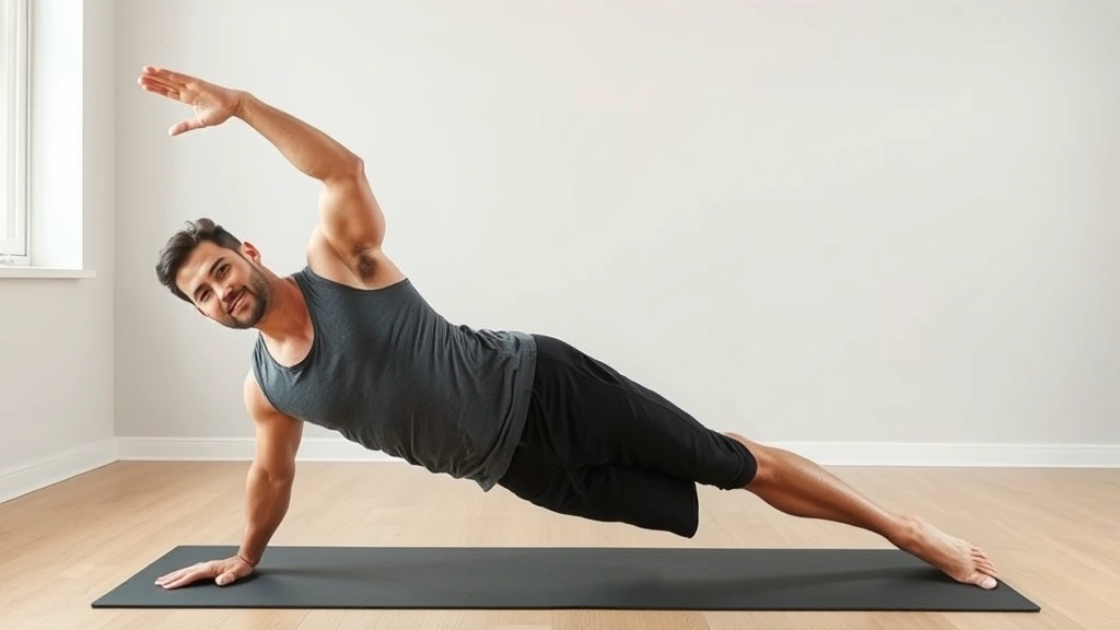 Mature male athlete demonstrating advanced pilates mermaid exercise with lateral reach, showing improved flexibility and shoulder mobility, professional form